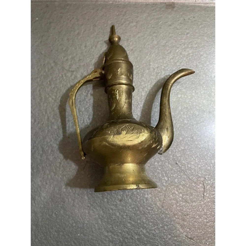 1960s Solid Brass Indian Aftaba Etched Brass Coffee Pot with Lid, Indian  Ewer